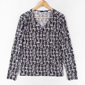 Tahari Top Blouse Womens Large Black White Stretch Knit Keyhole Neck Long Sleeve